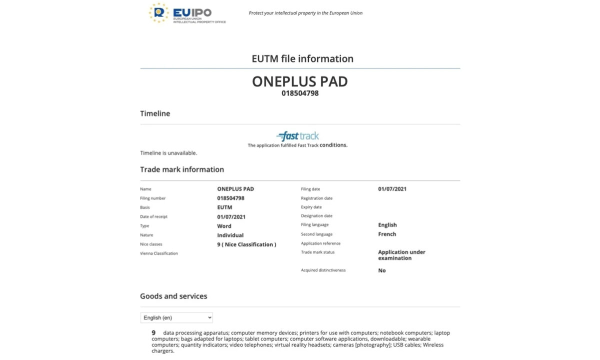 OnePlus Pad EUIPO Trademark