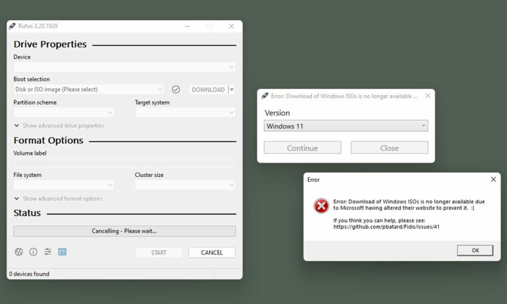 Rufus and Microsoft block Windows downloads